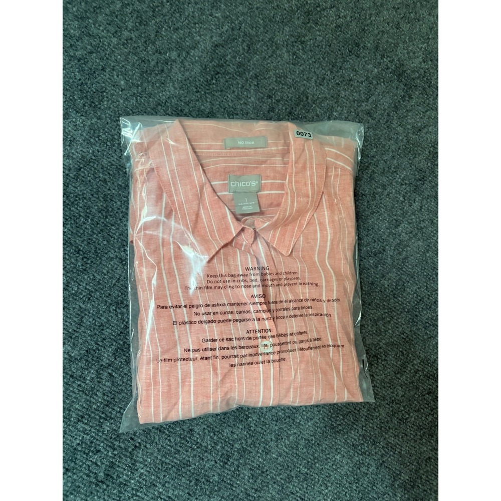 Chicos No Iron Linen Shirt Coral Pink White Striped Button Down Long Sleeve Sz 1 - Picture 9 of 9